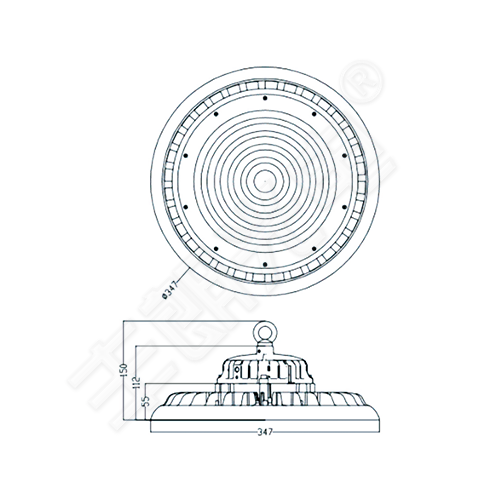 尺寸图,200W,US工矿灯,UFO工矿灯,飞碟工矿灯,LED仓库灯,车间照明灯-丰朗光电